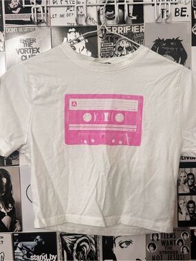 NUON White Crop Tee with Pink Cassette Graphic